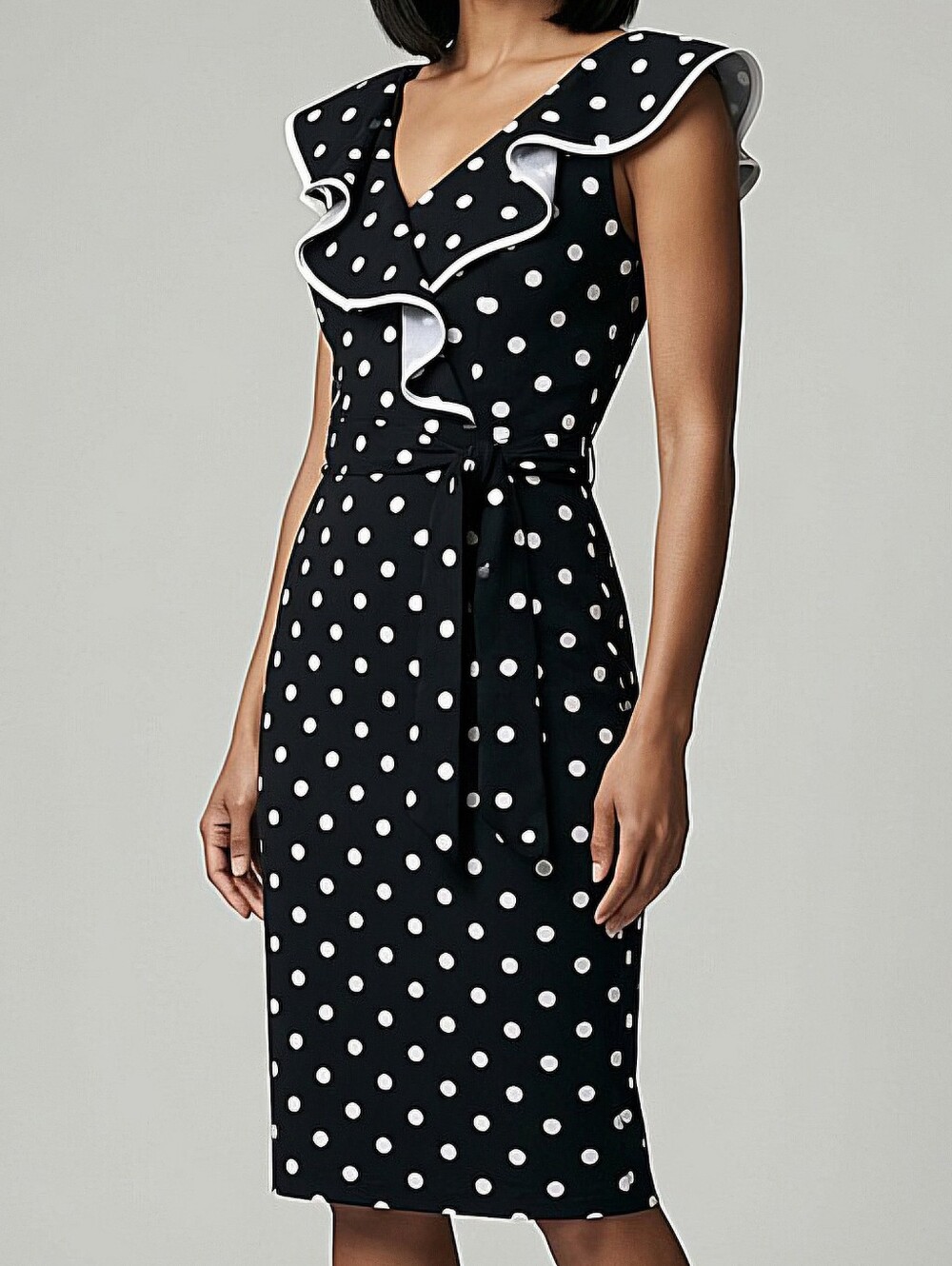 NWT! Bebe Polka Dot Ruffle Wrap Sheath Dress - Black & White